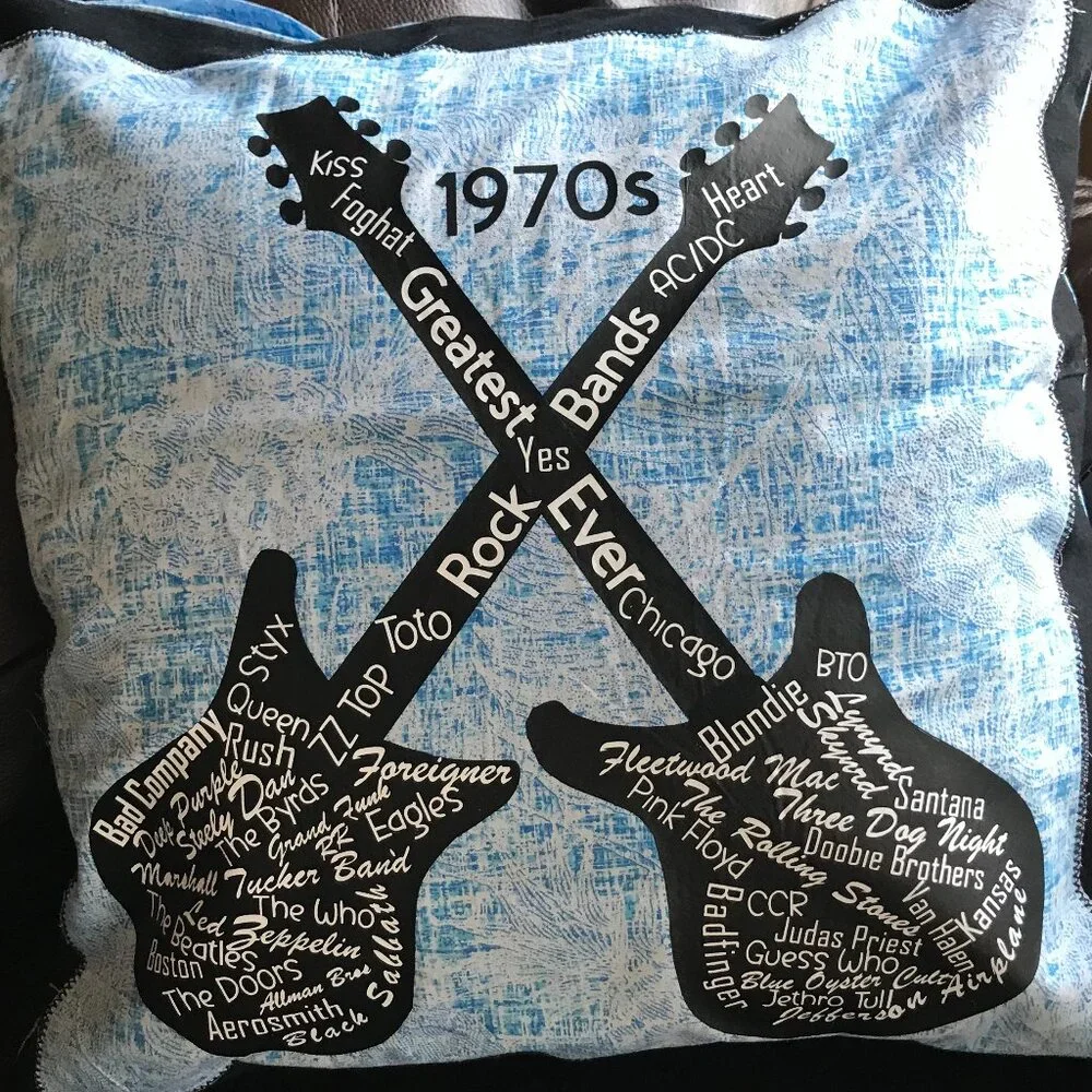 Handmade Pillow Cover, 1970s Rock Bands Guitars Music Room Decor 18 x 18 inches